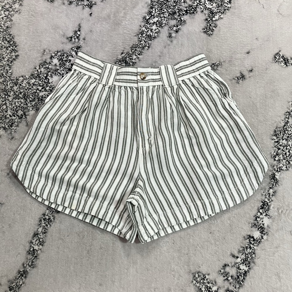 Madewell Womens Sz M Gray White Striped High Rise Pull On Linen Blend Shorts